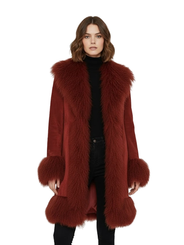 Red fur coat worn by a model on a white background