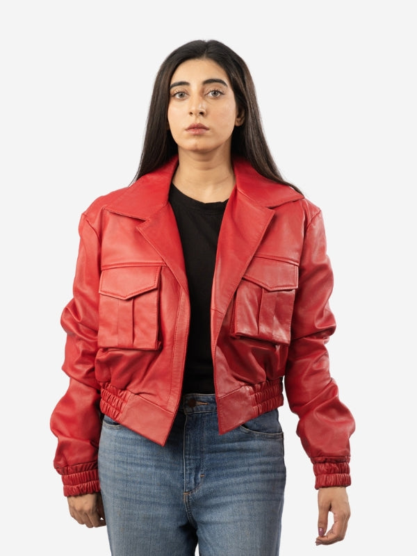 Women wearing red cargo bomber jacket