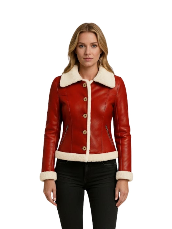 Women's Red Leather Faux Fur Bomber Jacket