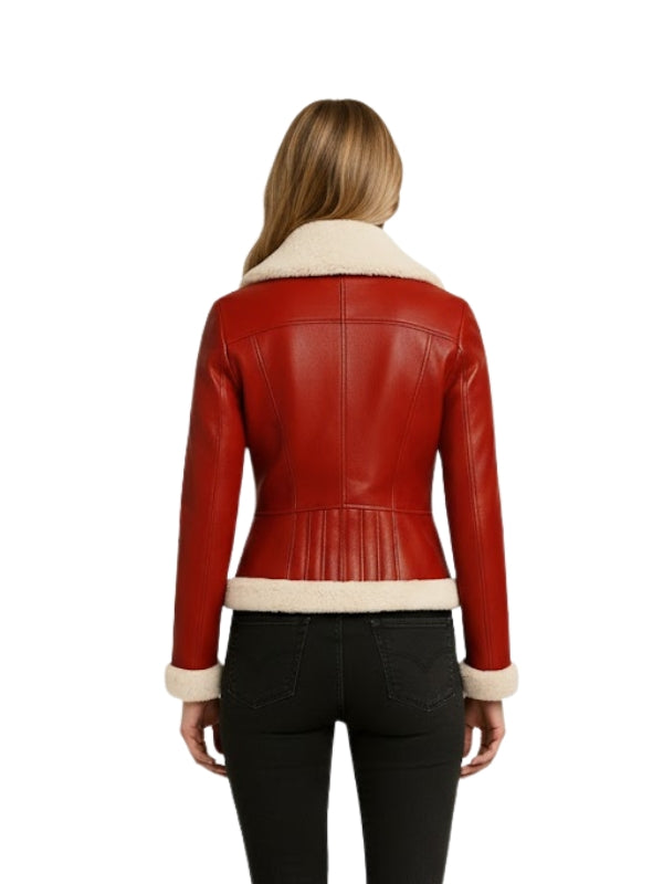 Women's Red Leather Faux Fur Collar Buttoned Bomber Jacket