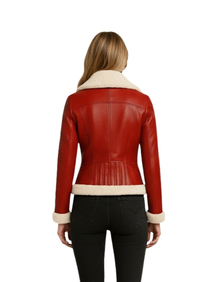 Women's Red Leather Faux Fur Collar Buttoned Bomber Jacket