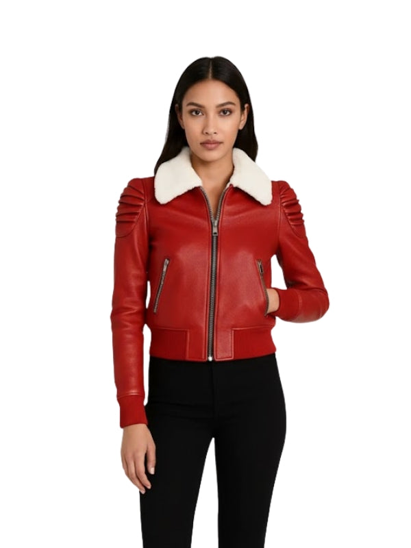 Women's Red Leather Fur Quilted Shoulder Bomber Jacket
