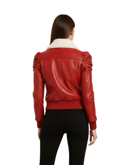 Women's Red Shearling Collar Quilted Shoulder Bomber Leather&nbsp;Jacket