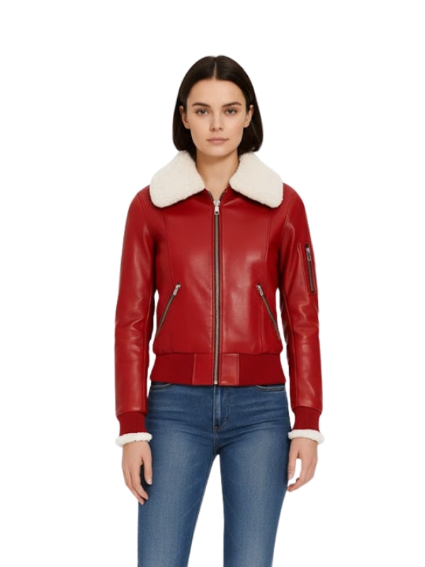 Women's Red Shearling With Leather Bomber Jacket
