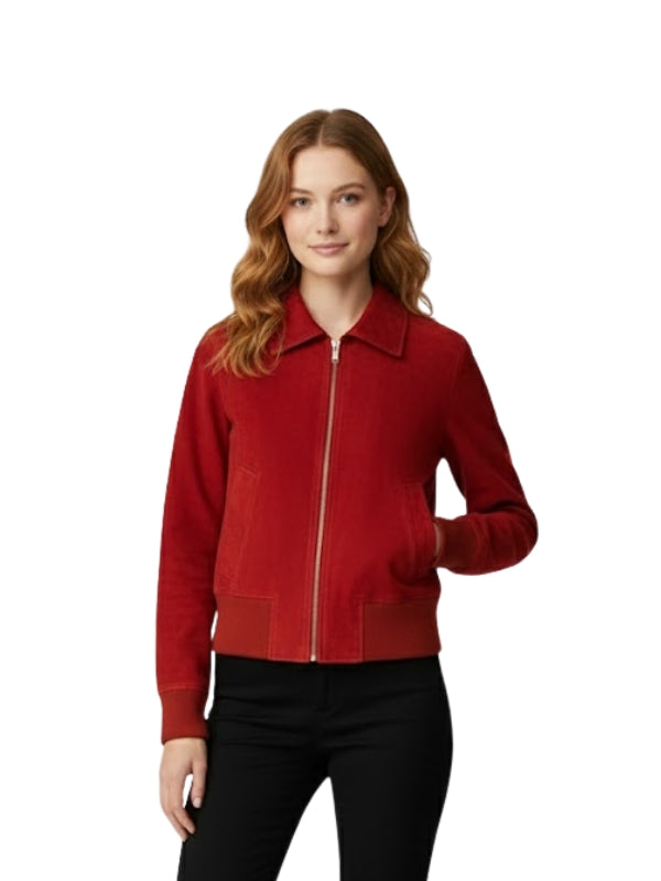Women’s Red Suede Bomber Jacket