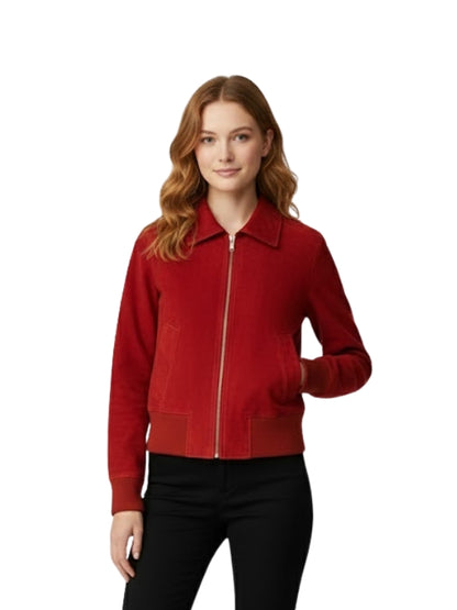 Women’s Red Suede Bomber Jacket