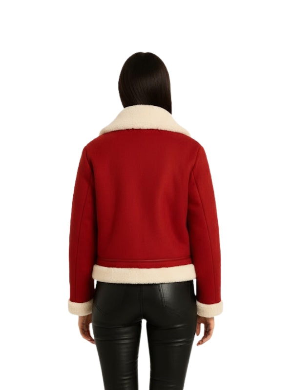 Women's Red Suede Leather Faux Fur Collar Bomber Jacket