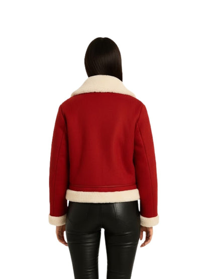 Women's Red Suede Leather Faux Fur Collar Bomber Jacket