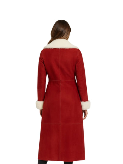 Women's Red Suede Leather Faux Fur Collar Long Winter Coat