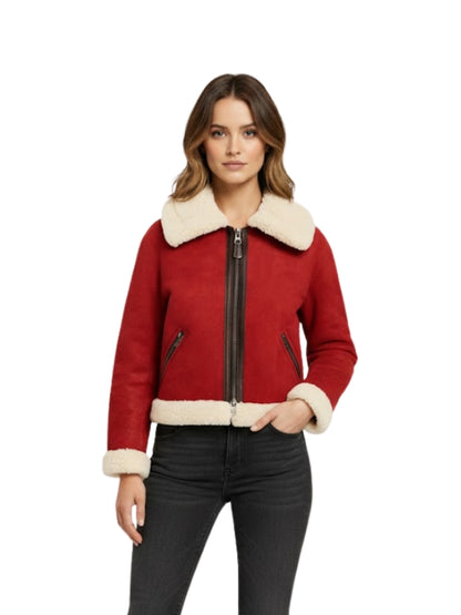 Women's Red Suede Leather Fur Bomber Jacket