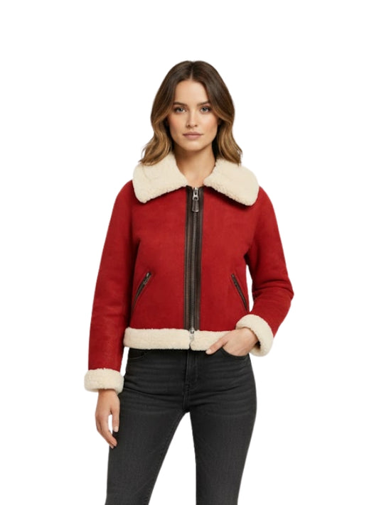 Women's Red Suede Leather Fur Bomber Jacket