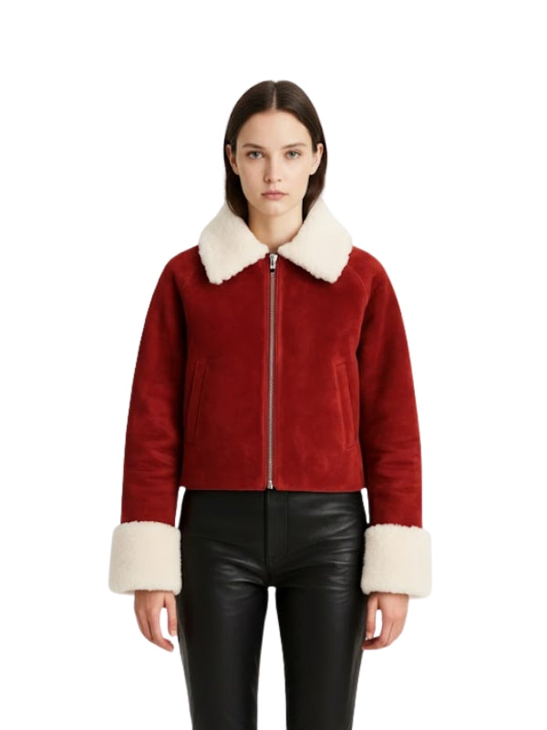 Women's Red Suede Leather Fur Jacket