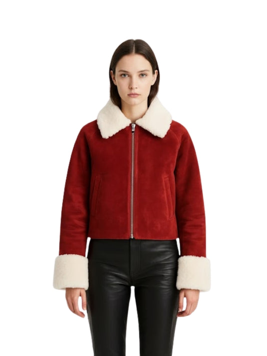 Women's Red Suede Leather Fur Jacket