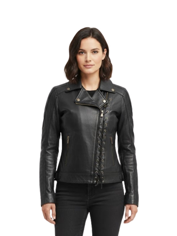 Woman wearing a black leather jacket on a white background
