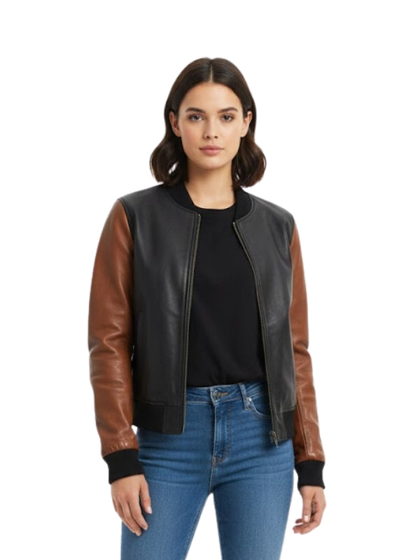 Woman wearing a black and brown leather jacket on a white background