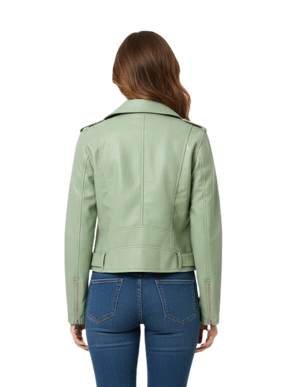 Person wearing a light green leather jacket and blue jeans on a white background