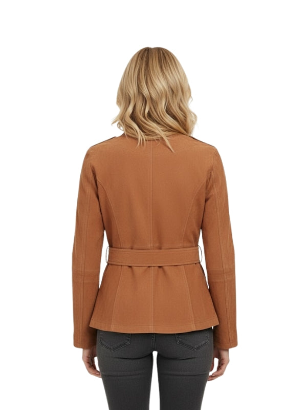 Woman wearing a brown jacket on a white background