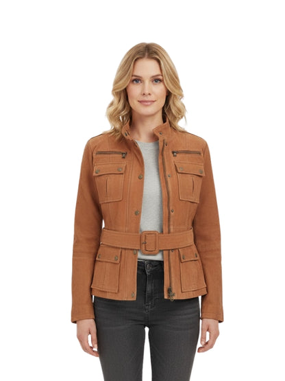 Woman wearing a brown jacket with a belt on a white background