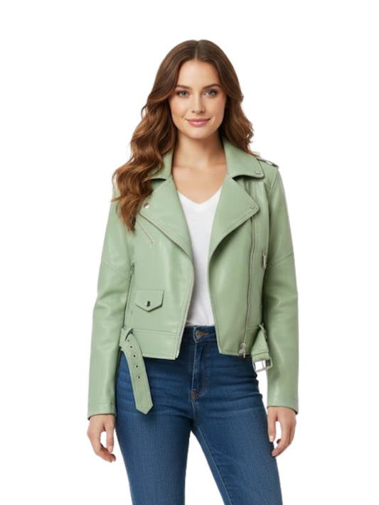 Woman wearing a green leather jacket and blue jeans on a white background