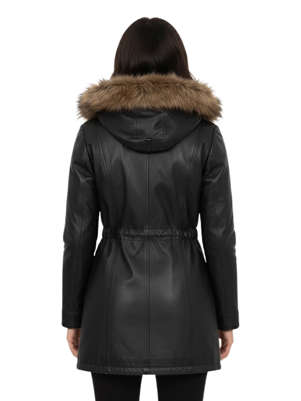Black leather coat with fur hood on a white background