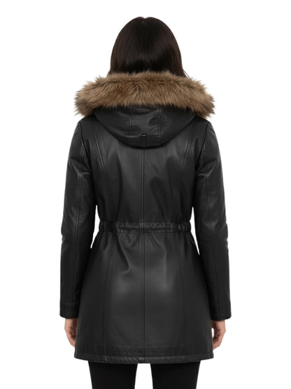 Black leather coat with fur hood on a white background