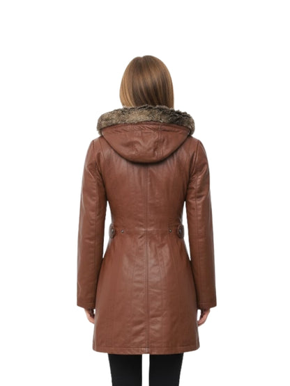 Brown leather coat with fur hood on a white background