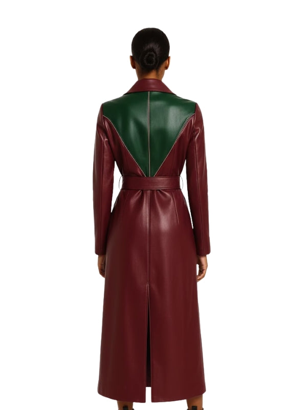 Women's Stylish Belt and Double Breasted&nbsp; Burgundy Leather&nbsp;Trench Coat