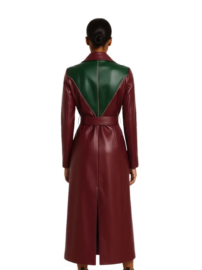 Women's Stylish Belt and Double Breasted&nbsp; Burgundy Leather&nbsp;Trench Coat