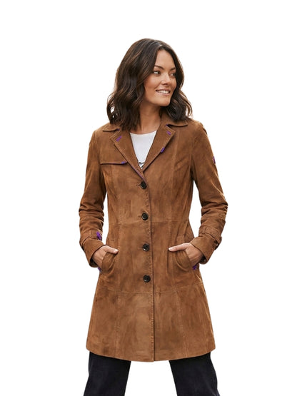 Women’s Suede Leather Button-Up Trench Coat
