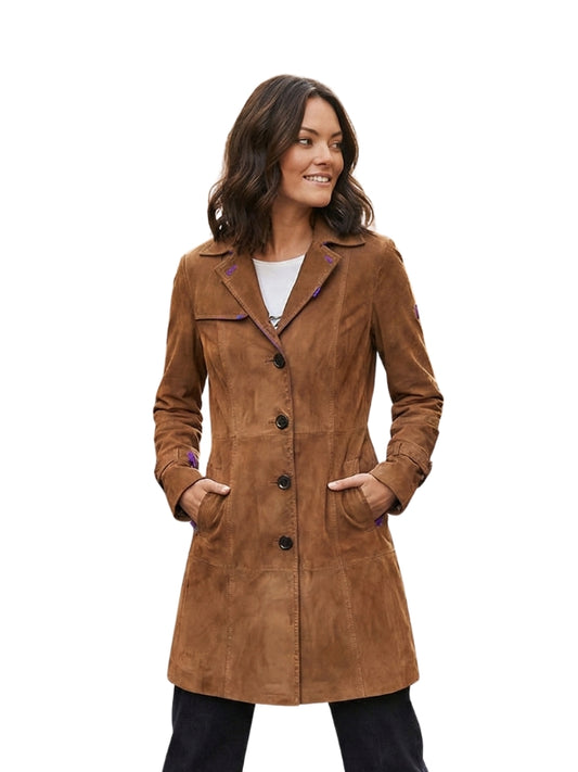 Women’s Suede Leather Button-Up Trench Coat