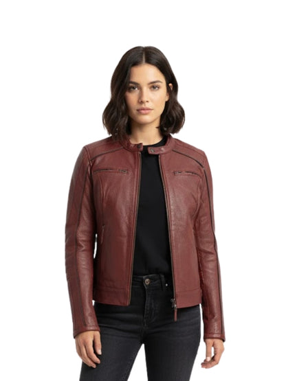 Woman wearing a brown leather jacket on a white background