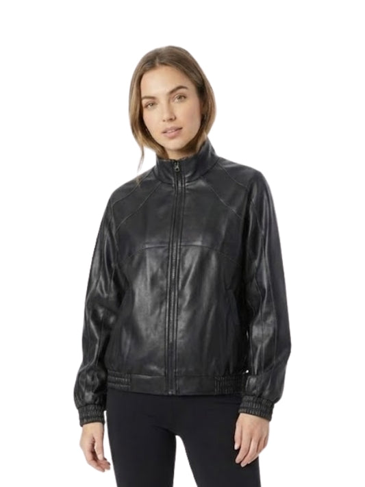 Woman wearing a black leather jacket on a white background