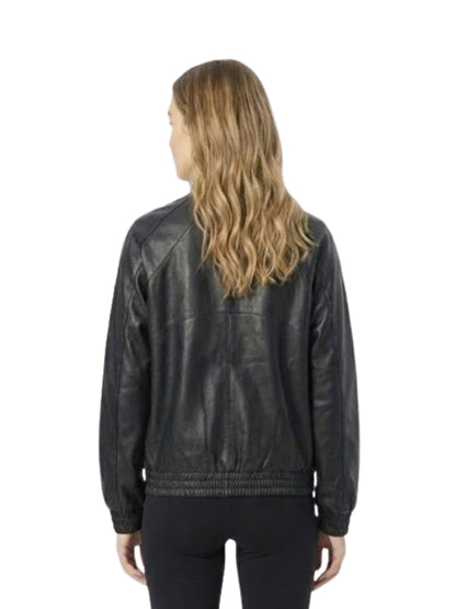 Person wearing a black leather jacket from behind on a white background
