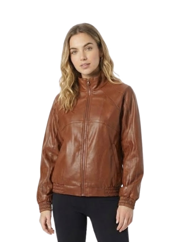 Woman wearing a brown leather jacket on a white background