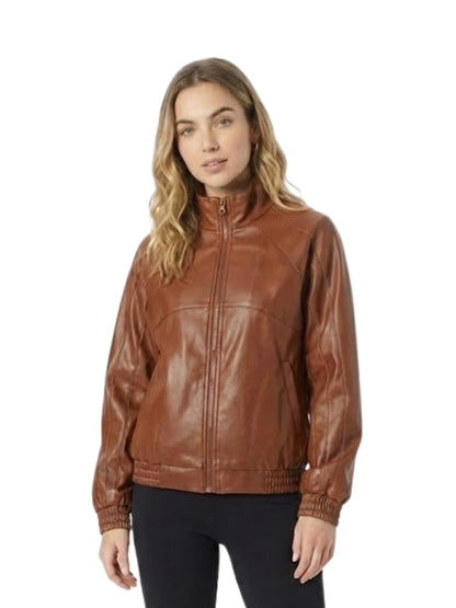 Woman wearing a brown leather jacket on a white background