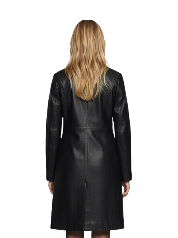 Person wearing a black leather coat from behind on a white background
