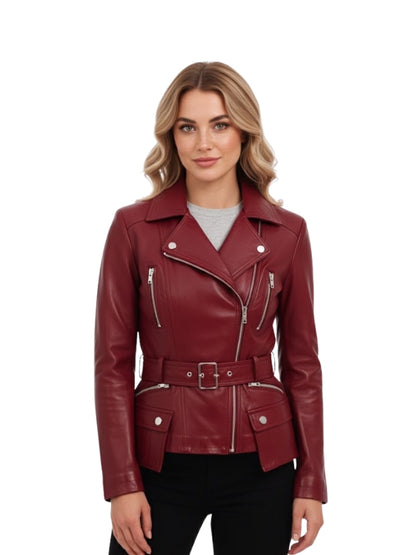 Woman wearing a red leather jacket on a white background