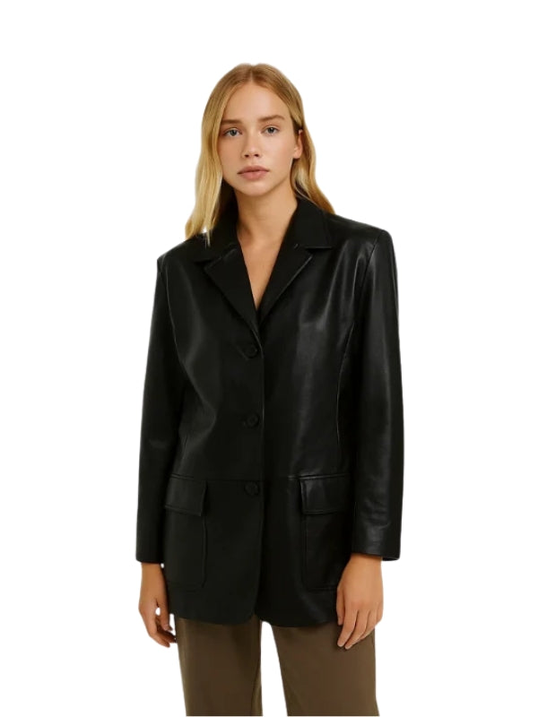 Woman wearing a black leather jacket on a white background