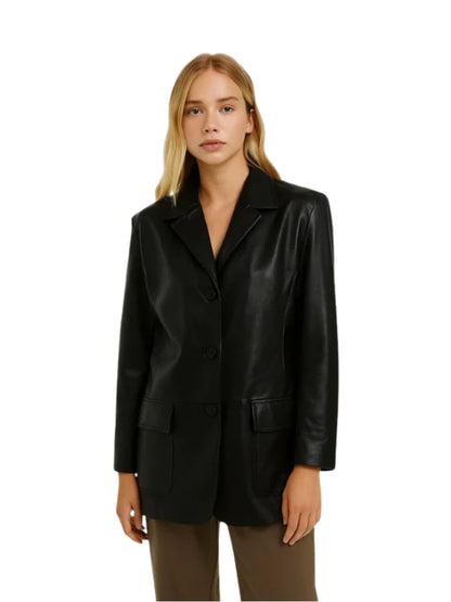 Woman wearing a black leather jacket on a white background