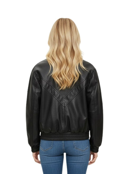 Person wearing a black leather jacket on a white background
