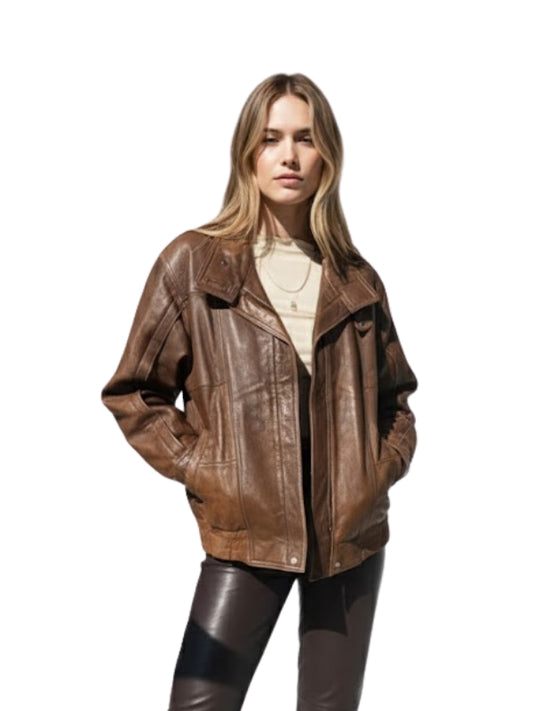 Woman wearing a brown leather jacket on a white background