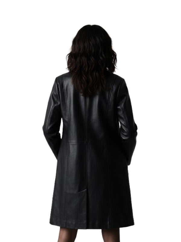 Person wearing a black leather coat on a white background