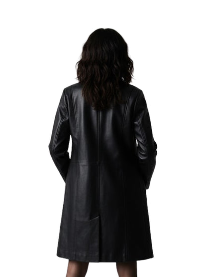 Person wearing a black leather coat on a white background