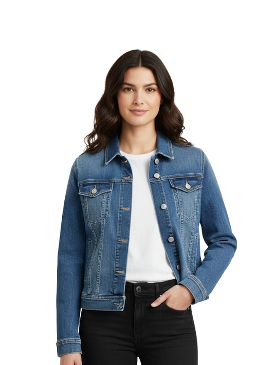 Woman wearing a blue denim jacket on a white background