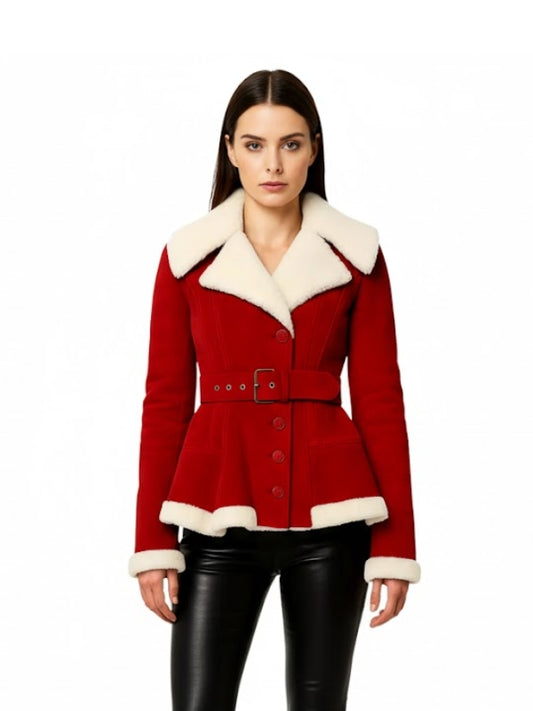 Women's White Shearling Belted Winter Red Suede Coat