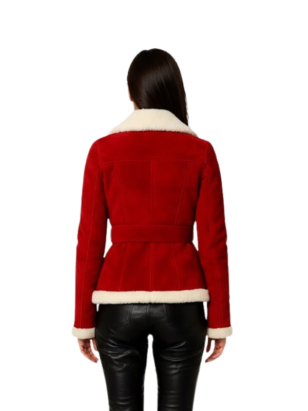 Women's White Shearling Collar Belted Winter Red Suede Leather Coat