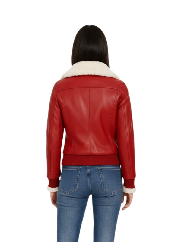 Women's Winter Red Shearling with Genuine Leather Bomber Jacket