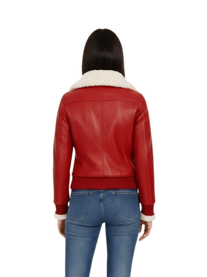 Women's Winter Red Shearling with Genuine Leather Bomber Jacket