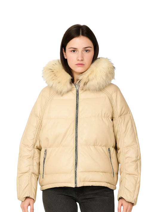 Woman wearing a beige puffer jacket with fur hood on a white background