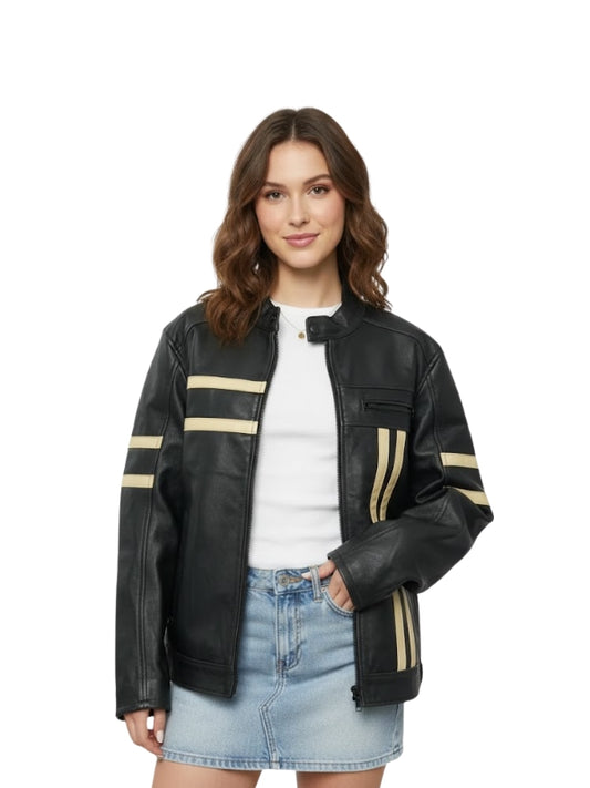 Woman wearing a black leather jacket with beige stripes on a white background